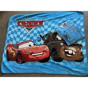 Vtg RARE Disney Cars Lightning McQueen Mater Fleece Throw 60”x 49”+ Twin Sheets